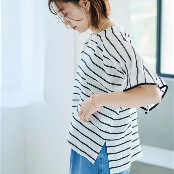 日本原单外贸日系宽松休闲圆领褶皱短袖条纹舒适套头小衫衬衫上衣