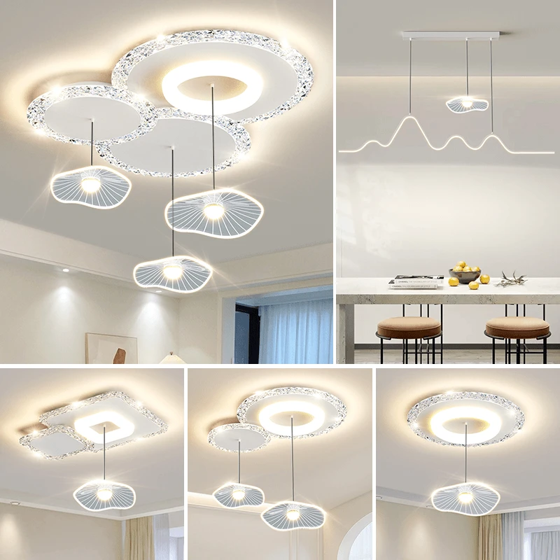客厅吸顶灯极简水晶奶油风简约现代荷叶小吊灯三室两厅房间卧室灯
