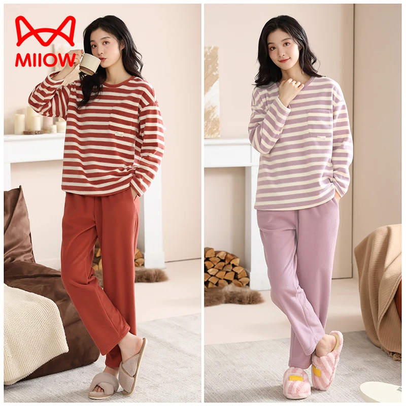 猫人【摇粒绒】睡衣女冬加厚加绒保暖可出门款高品质家居服套装HY