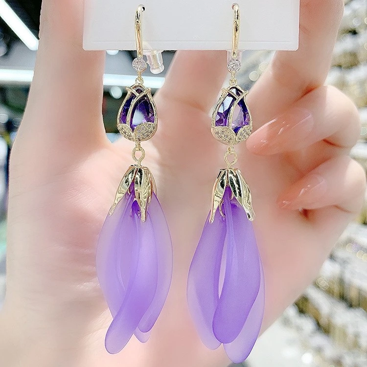 铜合金亚克力耳饰 紫色郁金香耳环韩版气质长款超仙花瓣流苏耳饰