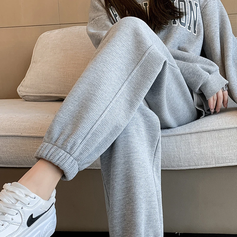 华夫格卫裤女2024年春季新款宽松高腰加绒休闲裤子灰色显瘦运动裤