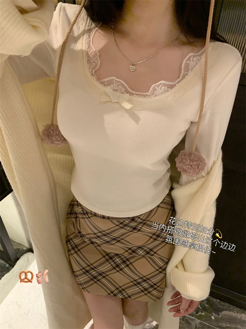 【嘉嘉推荐】辣妹软糯保暖双面绒甜欲蕾丝花边短款带胸垫长袖上衣