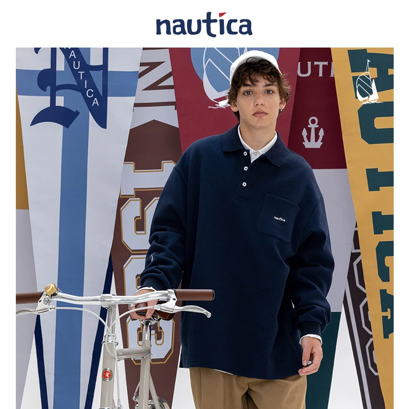 nautica白帆日系无性别廓形T恤休闲舒适纯色长袖POLO衫上衣KW2367