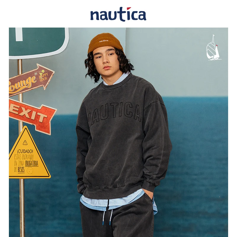 nautica白帆日系复古cityboy字母刺绣大logo圆领卫衣KW3114