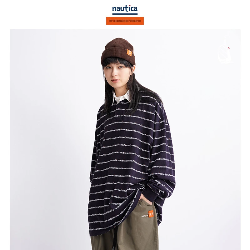 nautica白帆 汤本弘通监制日系宽松休闲logo长袖翻领T恤 HYKW3425
