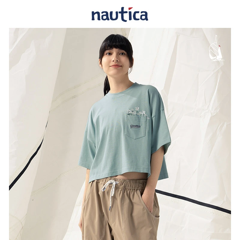 nautica白帆短款高腰趣味印花百搭潮流女式短袖百搭t恤42TW60