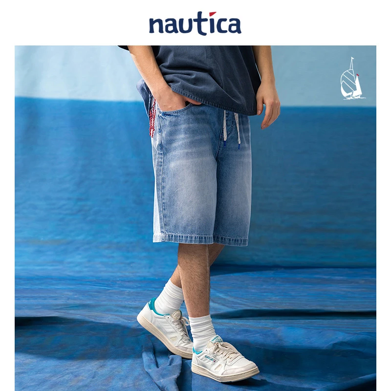 nautica白帆薄款廓形男士潮流舒适宽松直筒牛仔短裤BW3215雅丹风