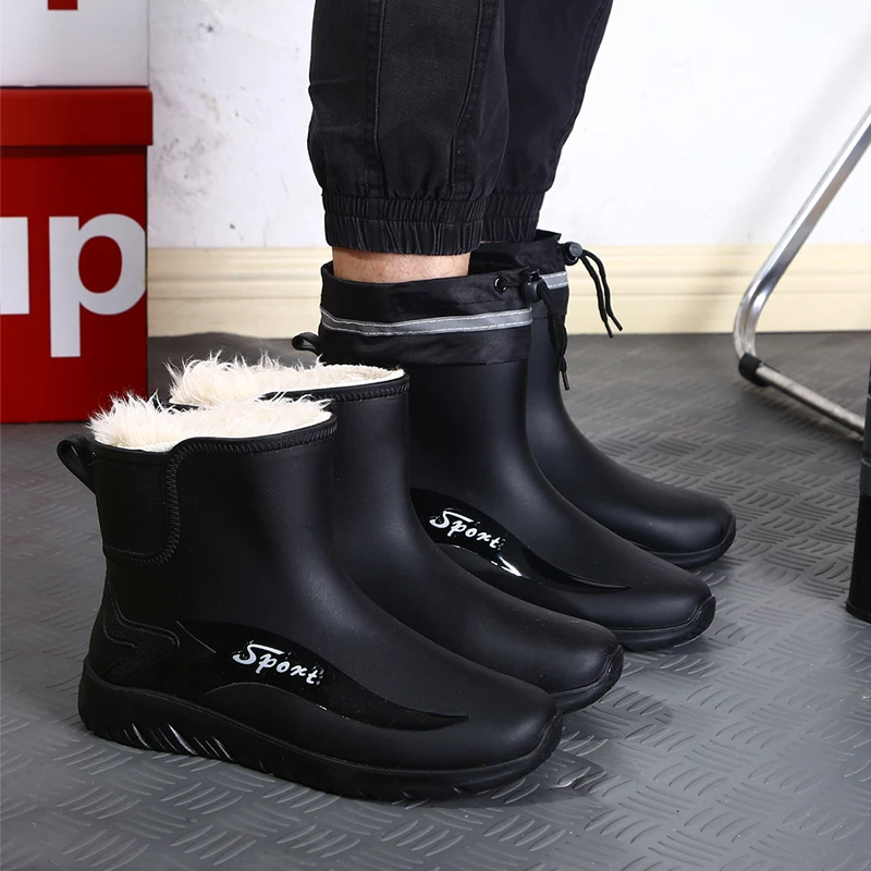雨鞋男士加绒中筒保暖雨靴时尚厚底短筒冬季潮流防水鞋钓鱼鞋防滑