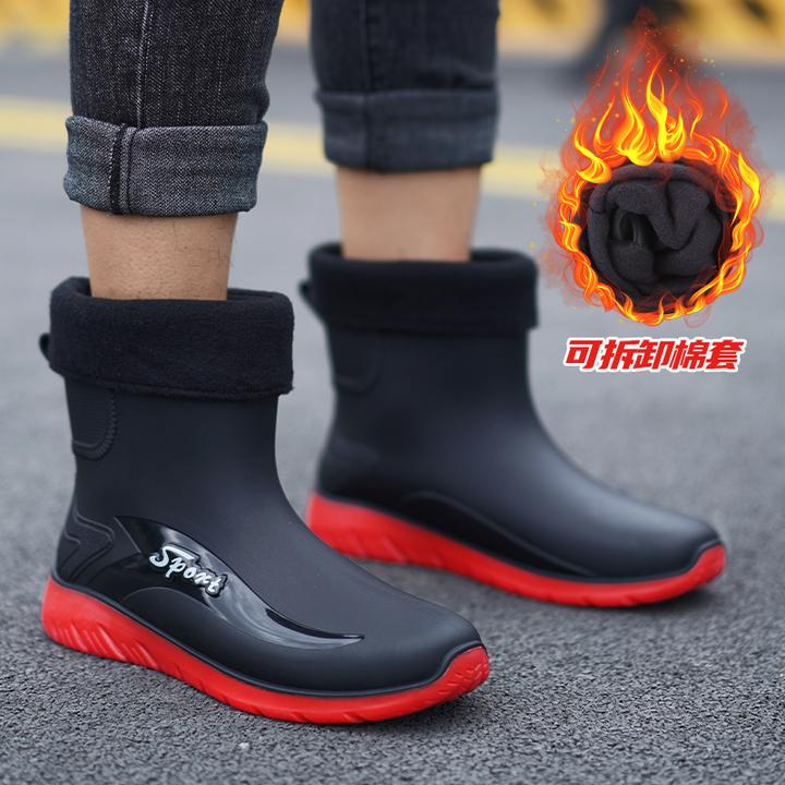 男士加绒雨鞋中筒保暖雨靴时尚靴子潮流厚底加厚轻便耐磨冬季短筒