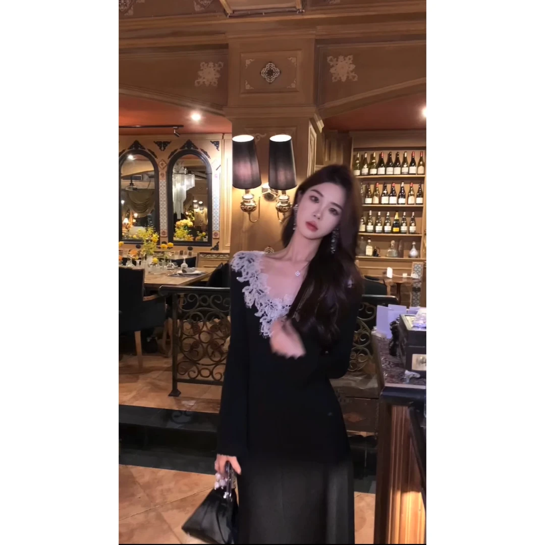 【旧金山】法式长袖针织立体花朵领口设计感修身显瘦连衣裙LL9388