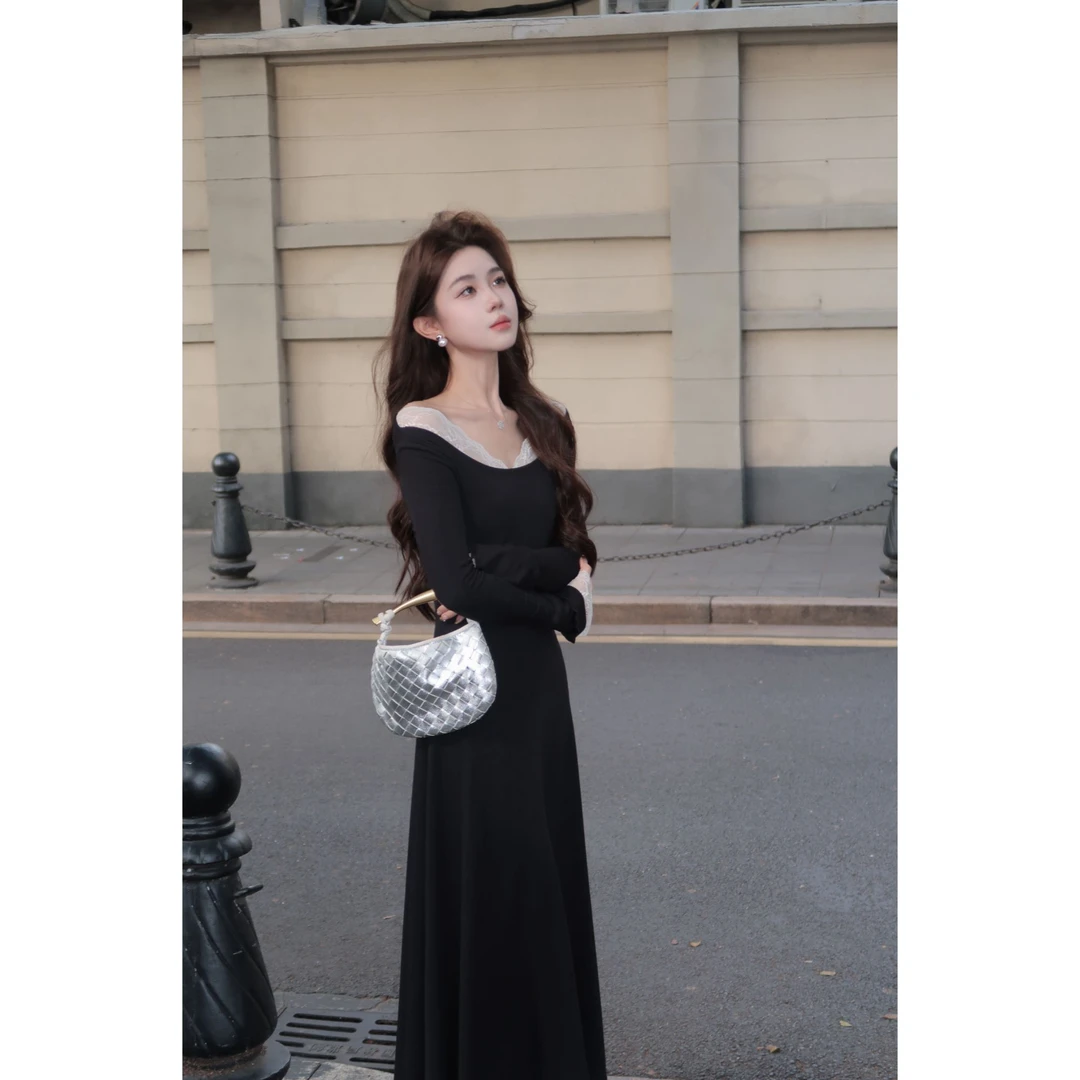 【晚意】纯欲风露肩小众设计感蕾丝拼接假两件时髦长袖连衣裙LL9334