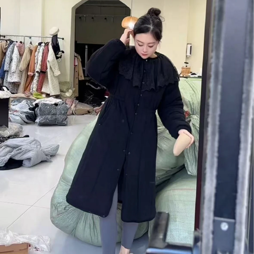 【好娃娃】蕾丝拼接黑色收腰家居服长袍显瘦气质休闲