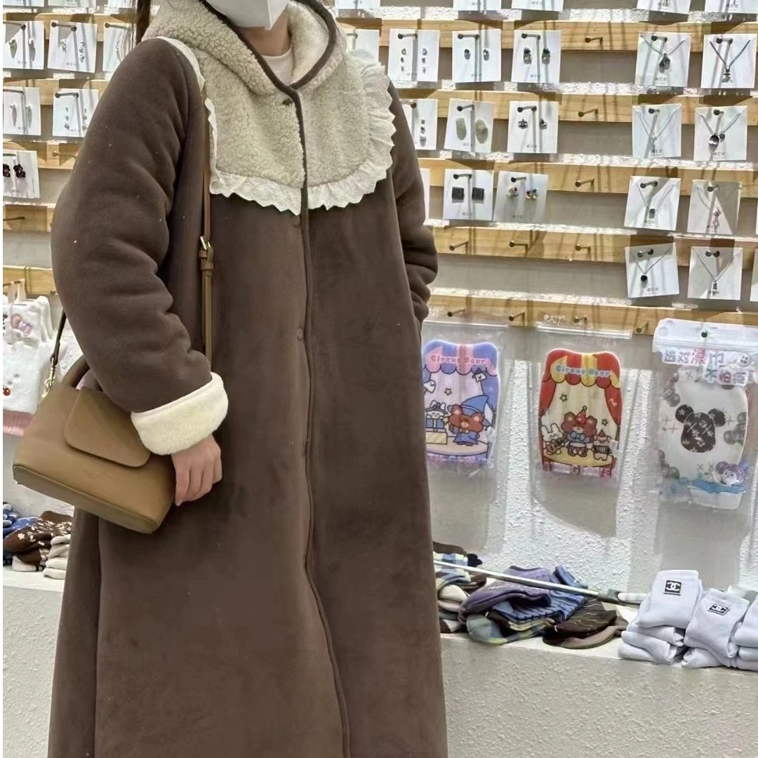 连帽花边长袍冬款加厚女士家居服