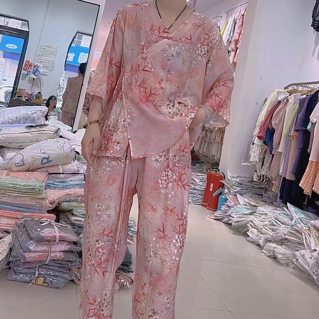 新中式国风盘扣妈妈款夏季垂感家居服套装休闲