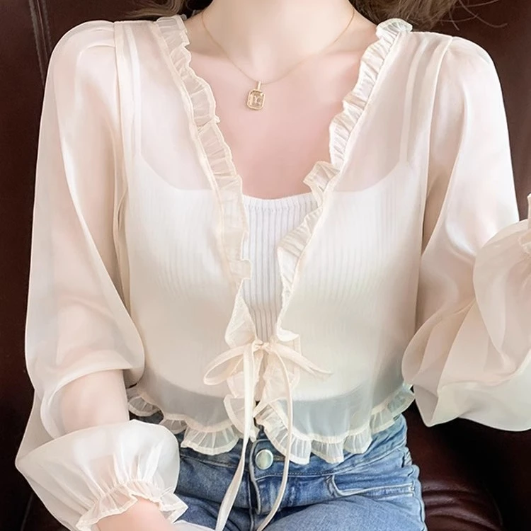 小披肩夏季配裙子冰丝雪纺防晒衣女薄款木耳边短款外搭开衫罩衫潮