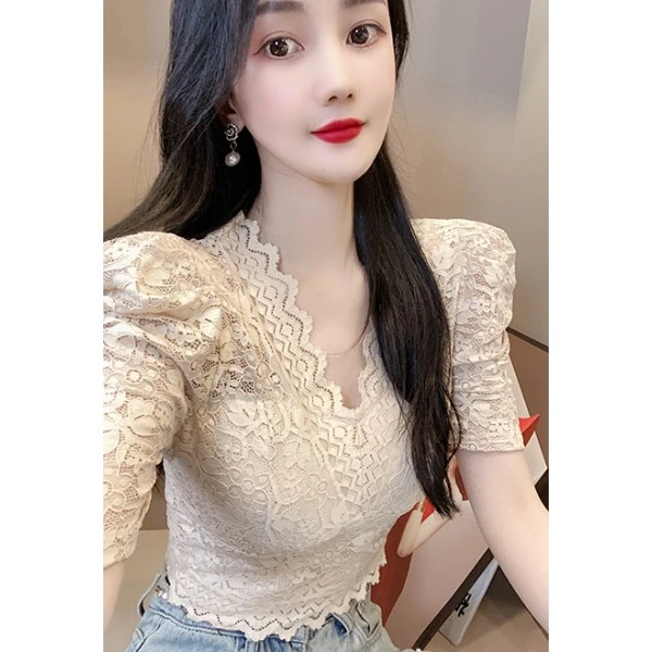 元素多自制 法式性感V领修身洋气百搭蕾丝花边短袖蕾丝衫