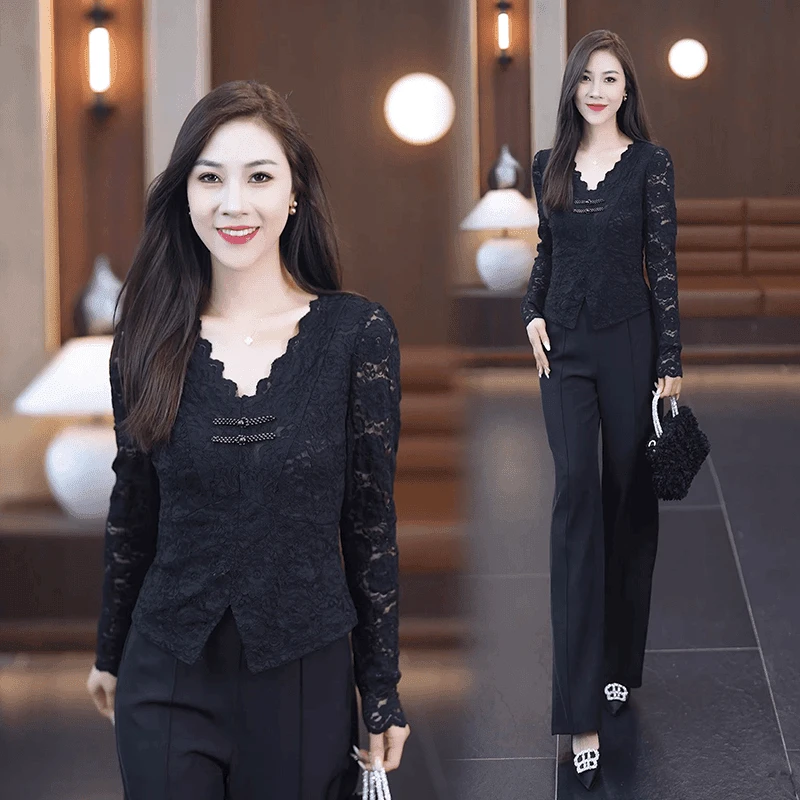 秋冬新款时尚v领修身显瘦长袖蕾丝打底衫女上衣盘口国风小衫