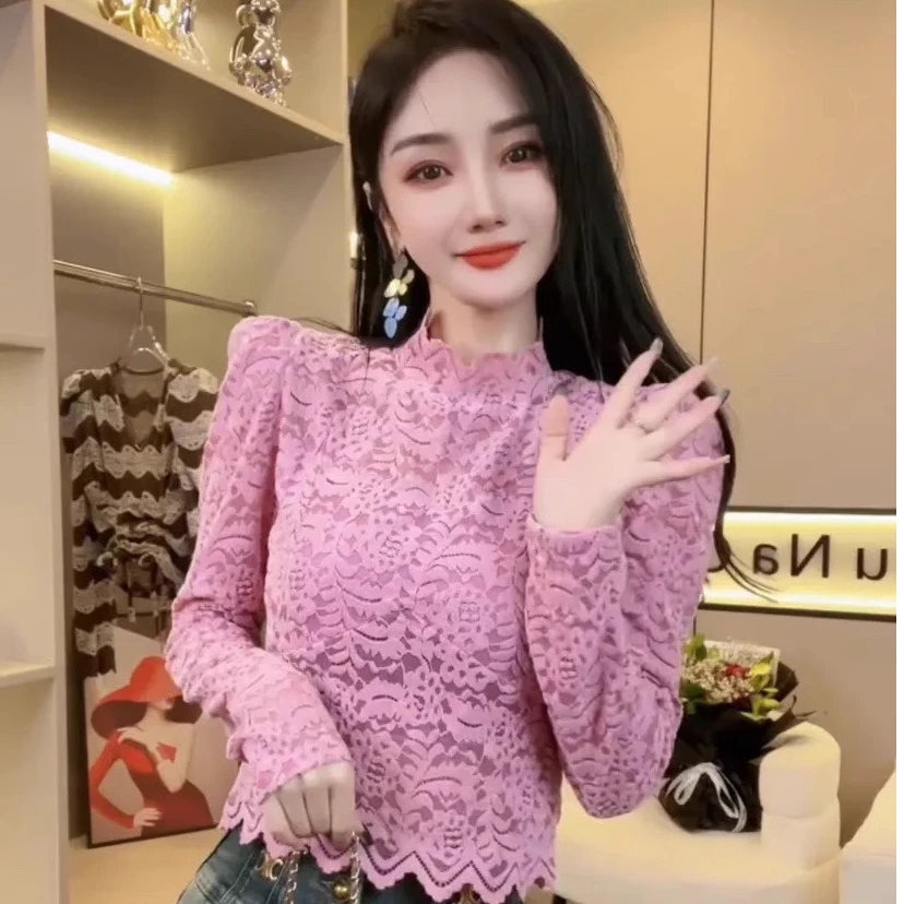 法式甜美高领长袖镂空蕾丝打底衫女秋冬新款修身短款上衣