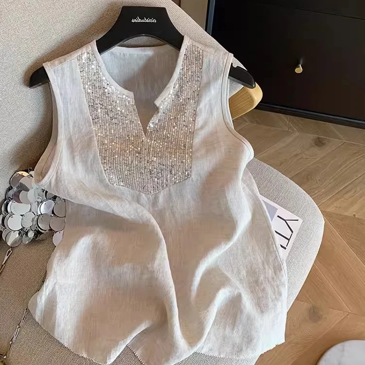 元素多 重工亮片无袖背心女夏季2025年设计感气质薄款上衣