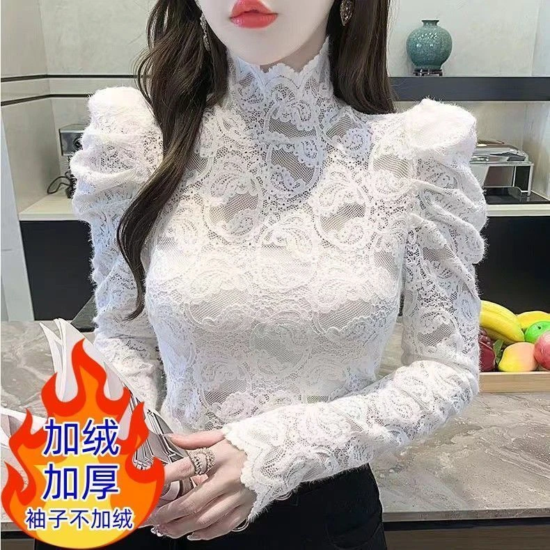 秋冬高领蕾丝打底衫女加绒加厚修身泡泡袖气质内搭上衣