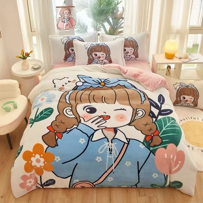 新款大版花儿童牛奶绒三件套学生宿舍高克重