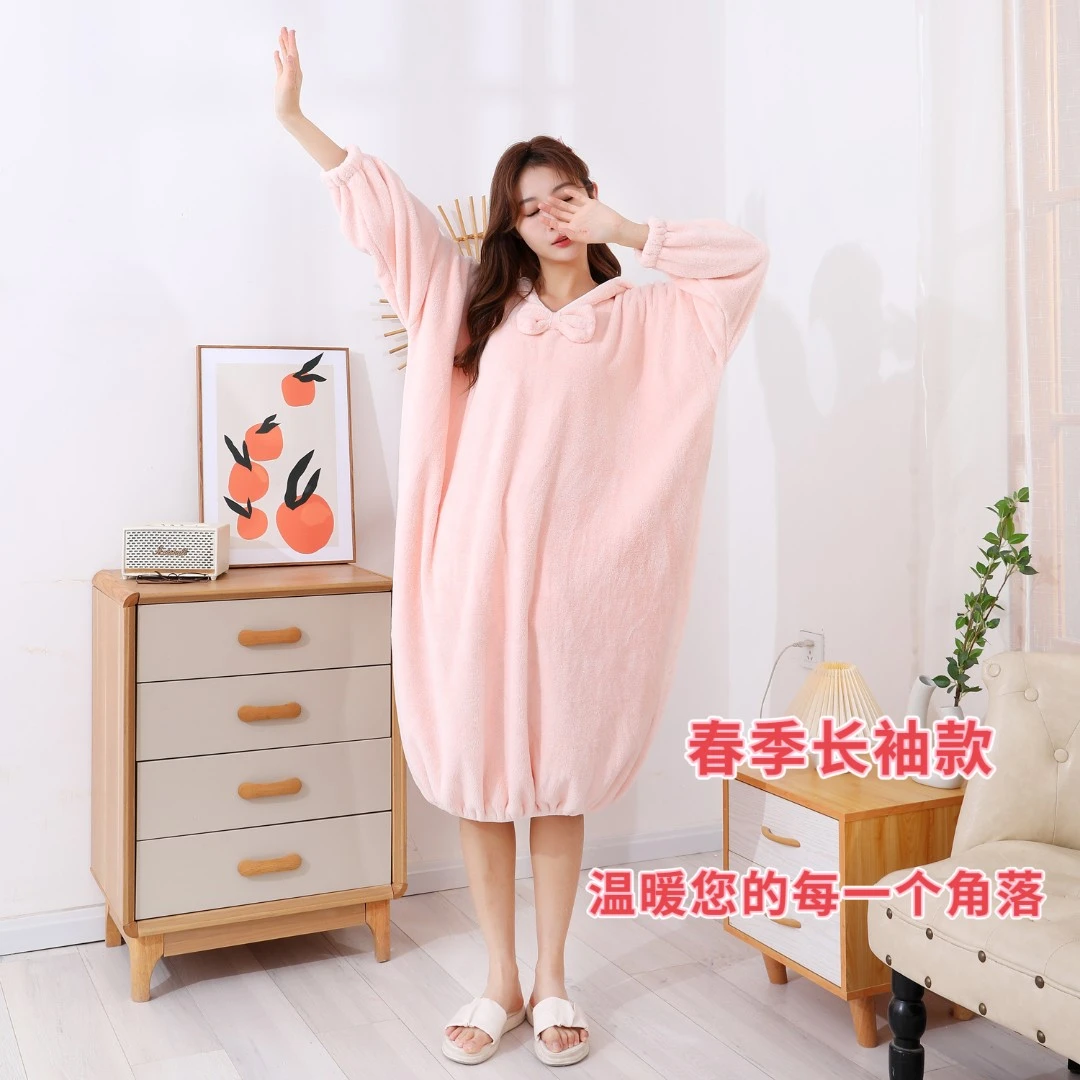 【有大码】穿式浴袍女成人高档洗澡连帽浴衣吸水速干睡袍宽松加长款