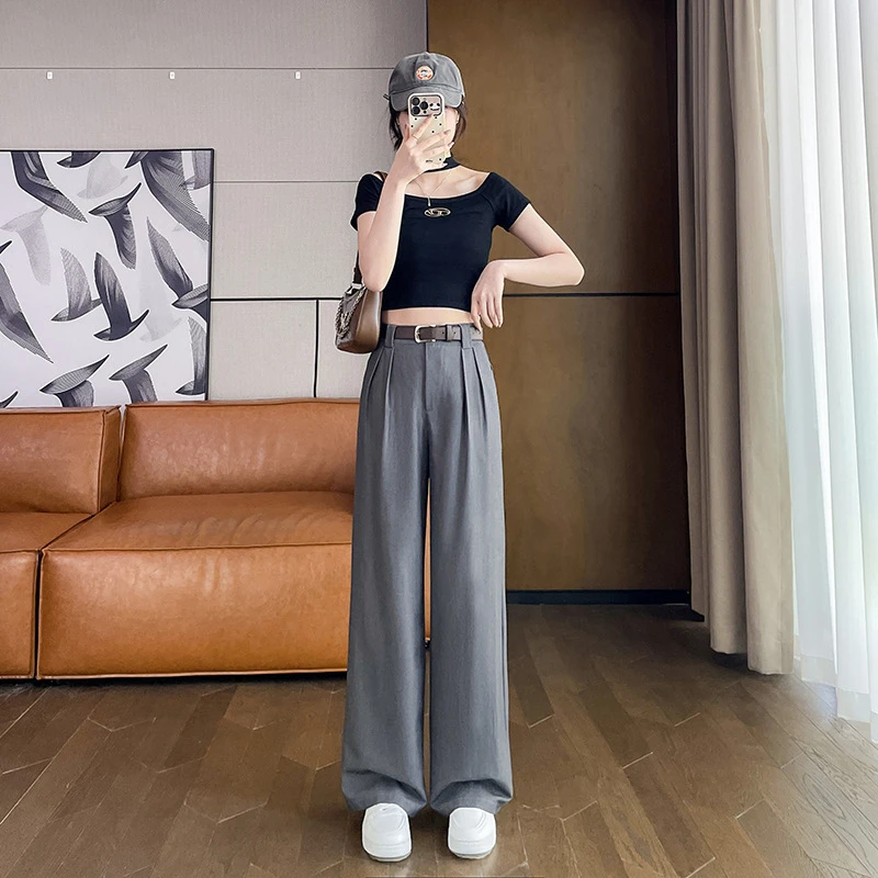 高腰显瘦窄版阔腿裤女2024年新款春夏季直筒宽松薄款西装休闲裤