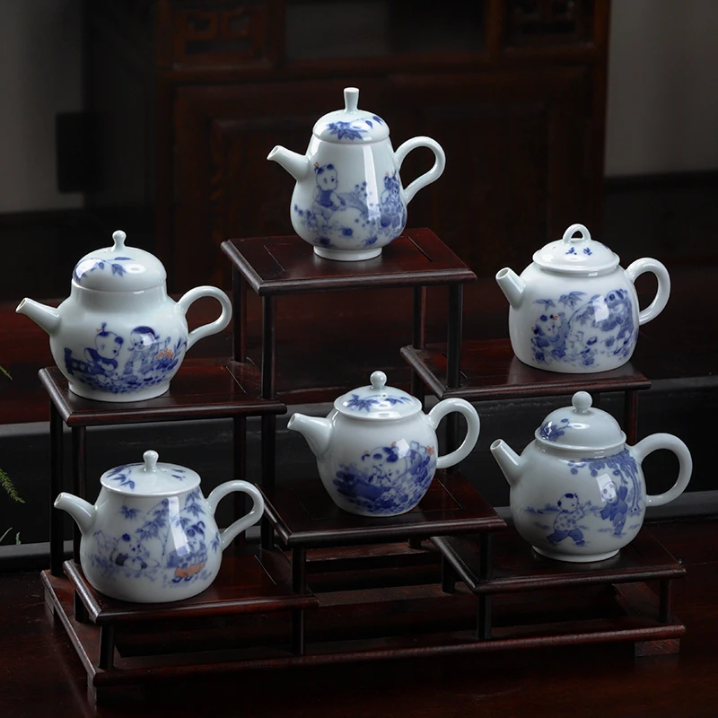 手绘童子茶舍小茶壶泡茶家用陶瓷茶水青花瓷功夫茶具一人沏茶壶