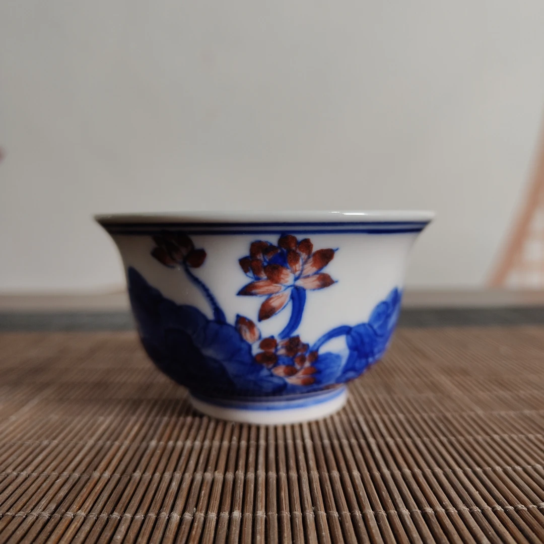 景德镇陶瓷青花釉里红荷花压手杯红稀土手绘柴窑家用主人杯茶杯