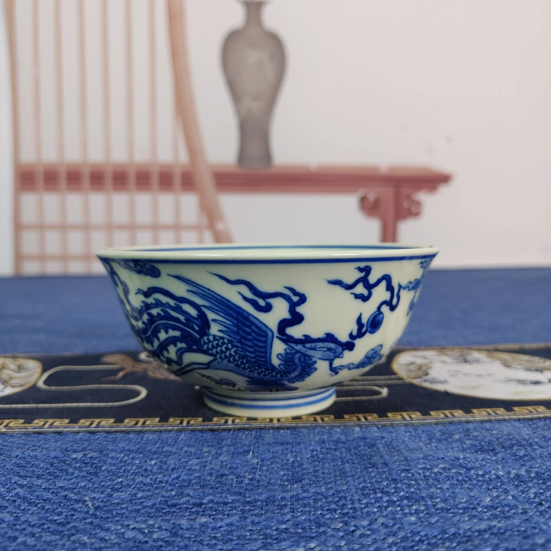 景德镇陶瓷黄稀土青花手绘双凤柴窑小号赏碗瓷碗陶瓷赏碗