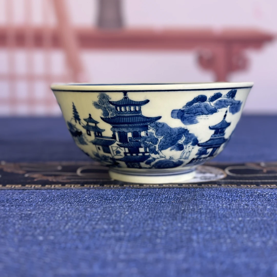黄稀土手绘山水大碗景德镇陶瓷柴窑青花瓷大汤碗收藏瓷器大赏碗