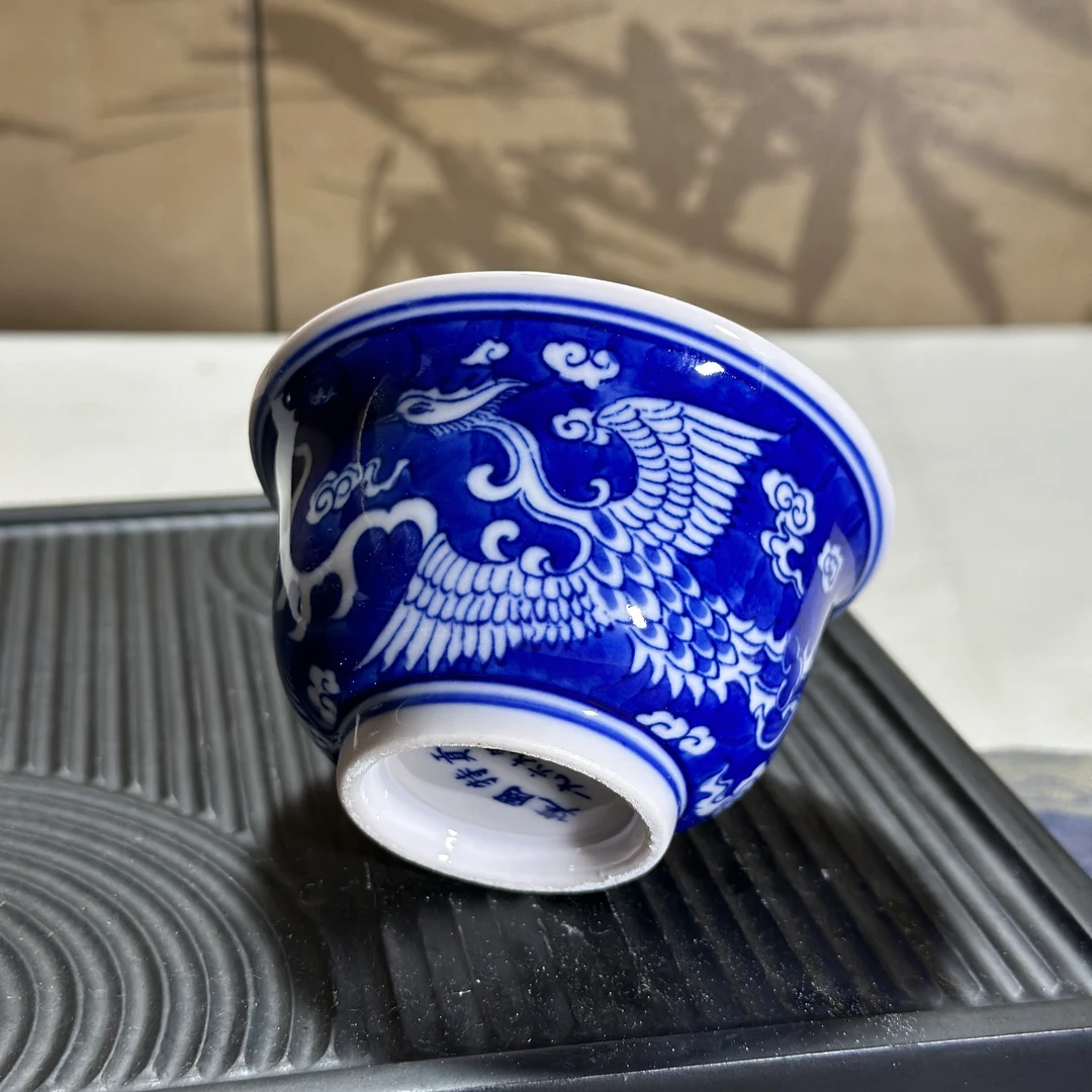 景德镇陶瓷全手工主人杯青花手绘凤凰款茶杯红稀土收藏瓷物件