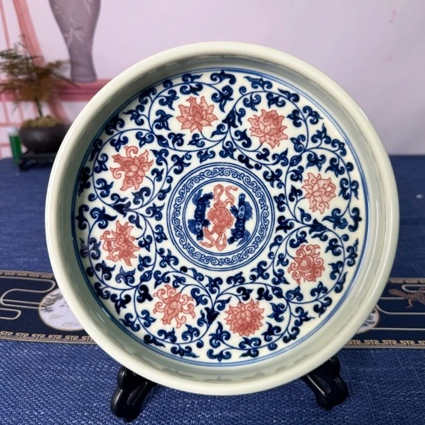 青花釉里红缠枝莲壶承陶瓷手绘茶盘景德镇收藏瓷器干泡台大盘