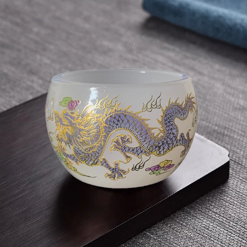 白龙凤呈祥男士琉璃品茗杯网红水杯陶瓷杯中式茶杯手工主人杯单杯