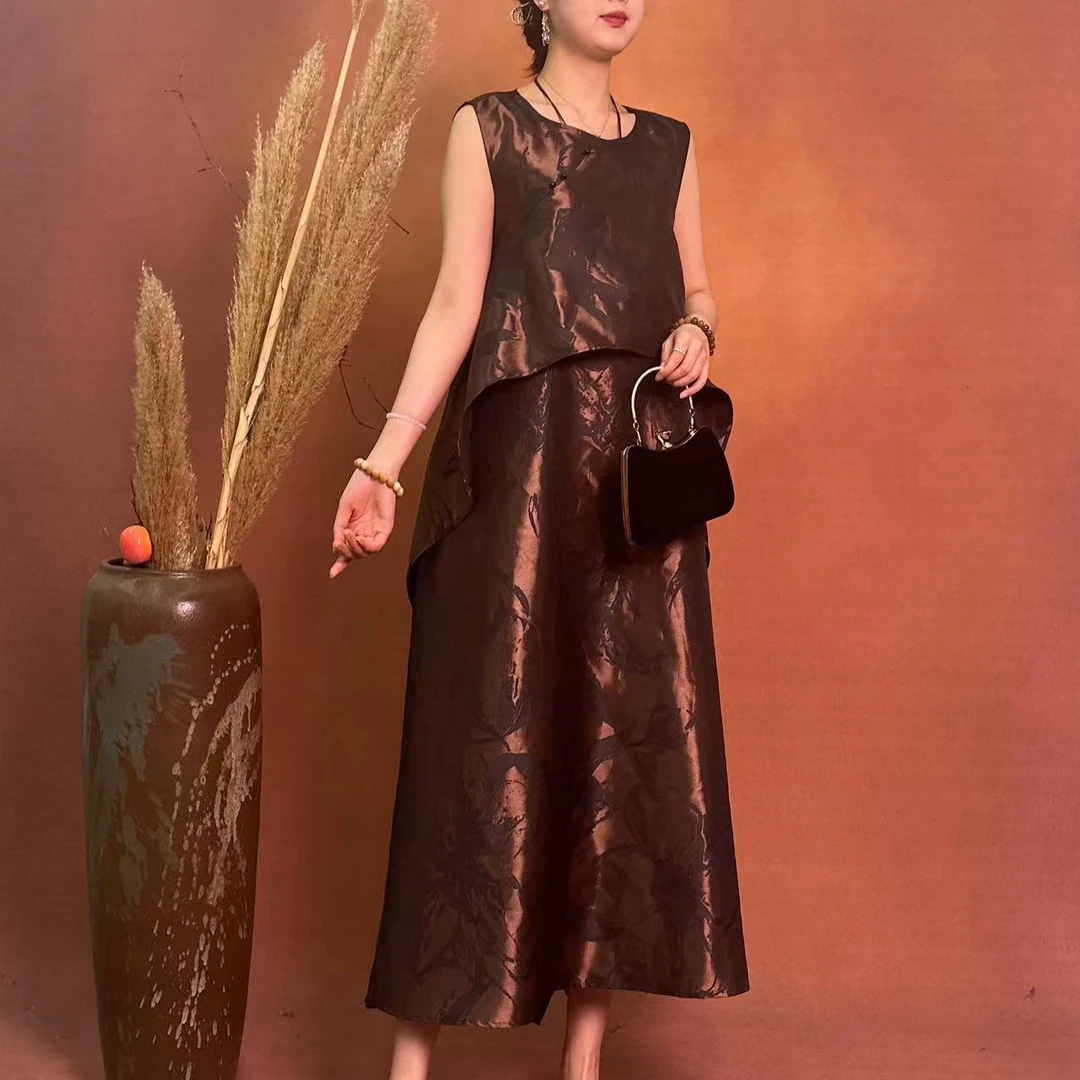 【大海轻奢】L1551新款咖金刺绣自带披肩设计师款时尚连衣裙