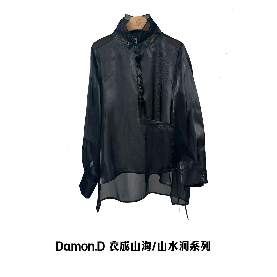 【大海轻奢】S1902黑色花苞领水光丝下摆不规则拼接衬衣打底