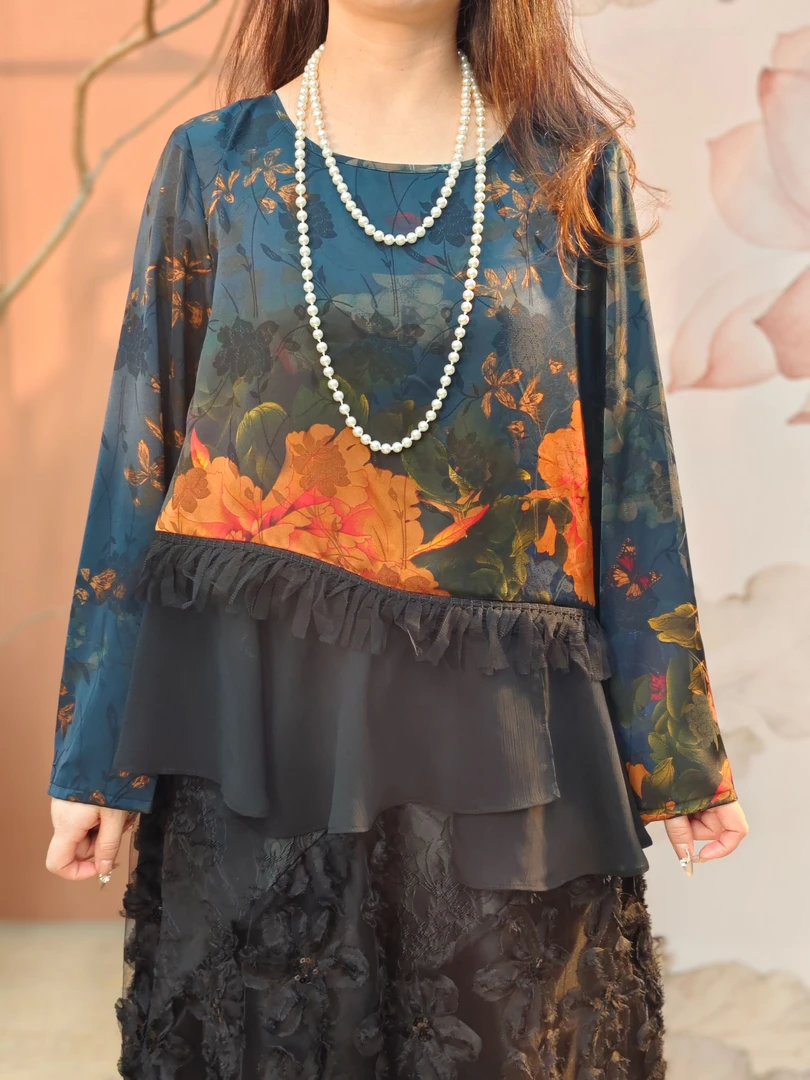 【大海轻奢】BF32790新款花色拼接欧根纱时尚设计师款上衣