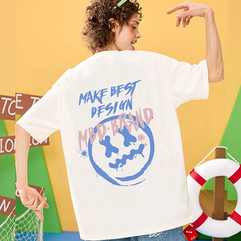 MBD小恶魔2024夏季笑脸短袖T恤国潮牌情侣装涂鸦字母满印宽松圆领