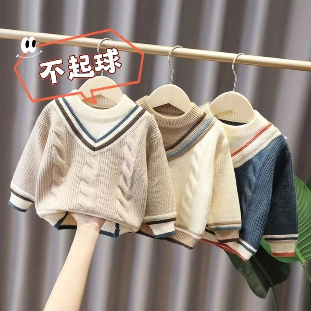 儿童保暖毛衣假两件秋冬款宝宝加绒加厚针织衫男童毛线衣小童上衣