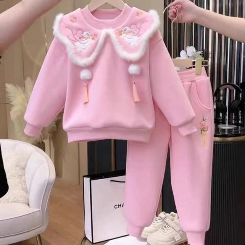女童冬季加绒中国风套装2023新款拜年服洋气儿童秋冬款卫衣一整套
