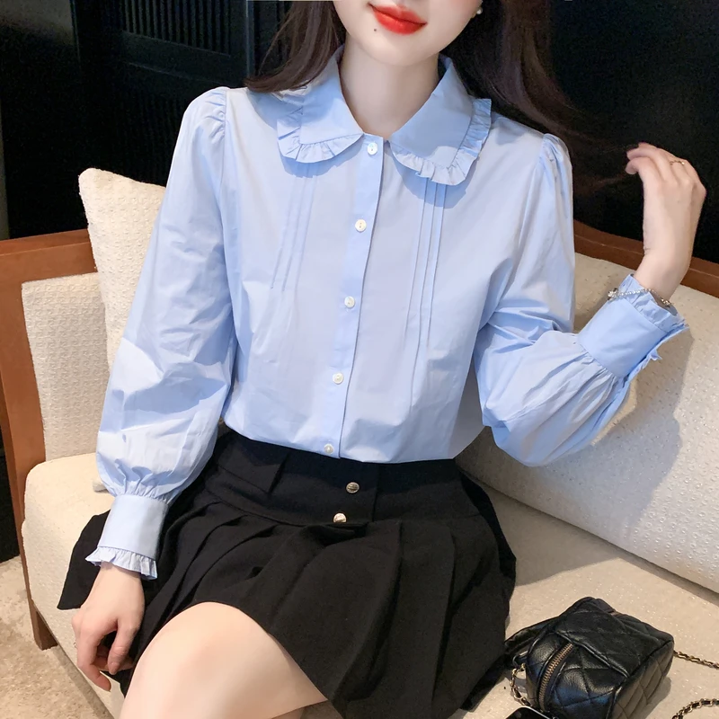 早春季娃娃领蓝色衬衫女秋装2024年新款法式洋气复古长袖内搭衬衣