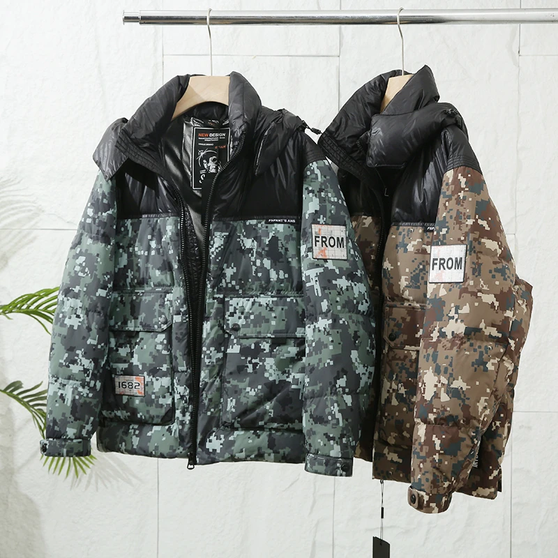 2880-男士冬季连帽迷彩拼色情侣短款 防水保暖时尚休闲青年羽绒服