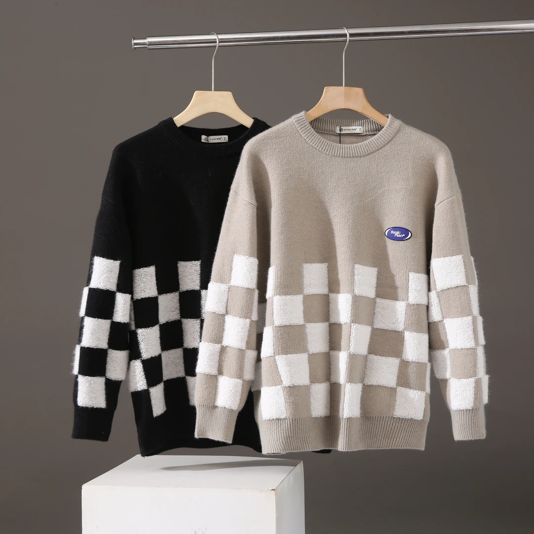 3007-秋冬两色圆领套头格子打底衫 情侣亲子宽松百搭针织毛衣