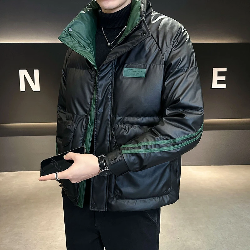 皮羽绒服男冬季2025新款立领潮牌修身条纹织带拼接鸭绒外套男