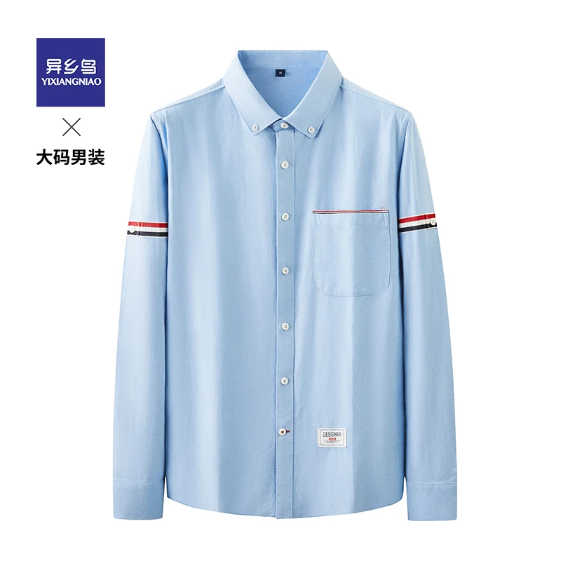 异乡鸟胖子宽松加大码长袖衬衣男式时尚休闲薄款男士衬衫