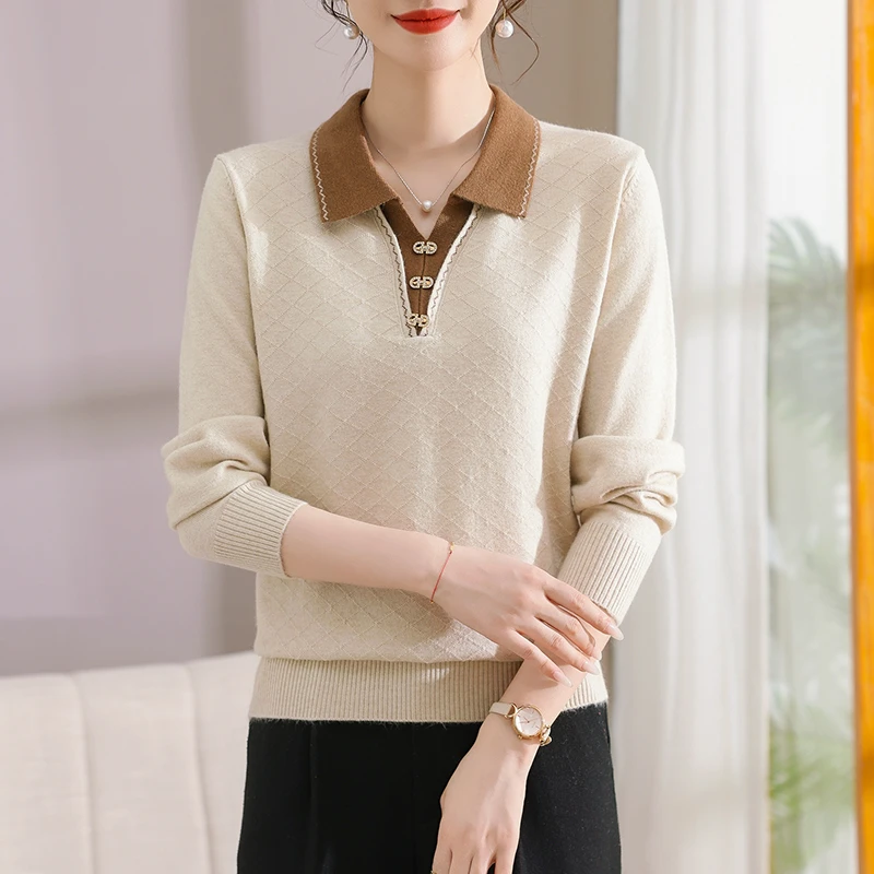 秋冬女装假两件翻领打底衫春秋毛衣长袖洋气针织衫时尚百搭