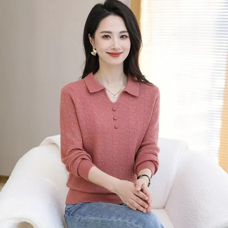 翻领毛衣女士中年妈妈时尚打底上衣秋装新款提花毛衣针织衫