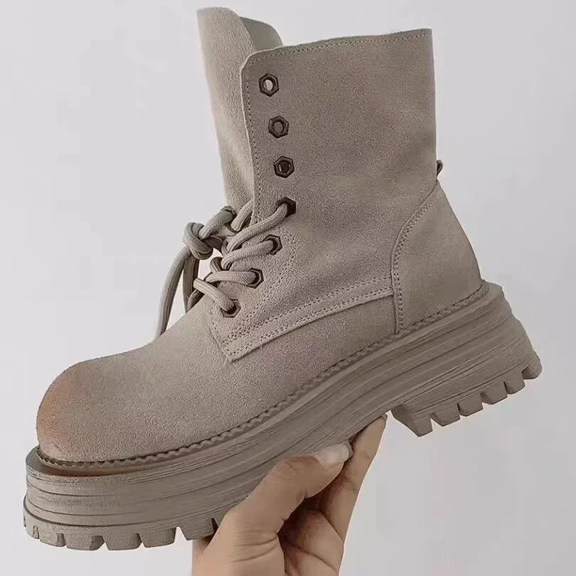 2024早秋新款透气厚底时尚系带短筒短靴马丁靴女鞋