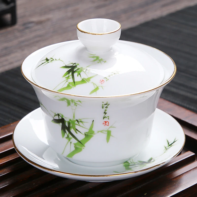 德化白瓷单个盖碗茶杯陶瓷手工大号泡茶器家用功夫三才茶碗公道杯