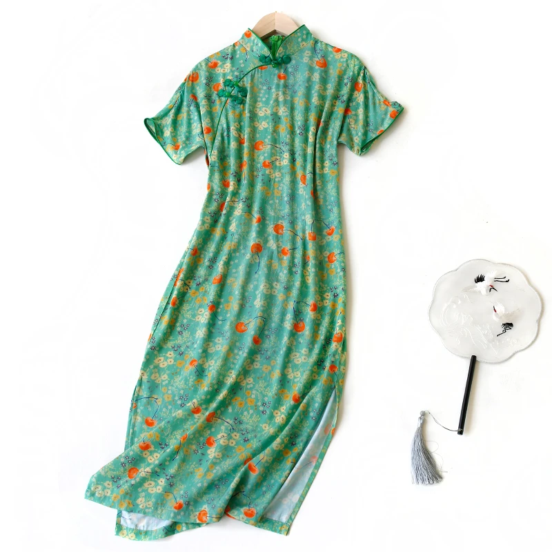 2025夏棉绸改良旗袍国潮风女复古优雅绵绸缎民国风包臀开叉连衣裙